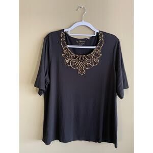 By Chicos Size 3 (XL) Size Black Top With Gold Beading Half Sleeve V-Neck